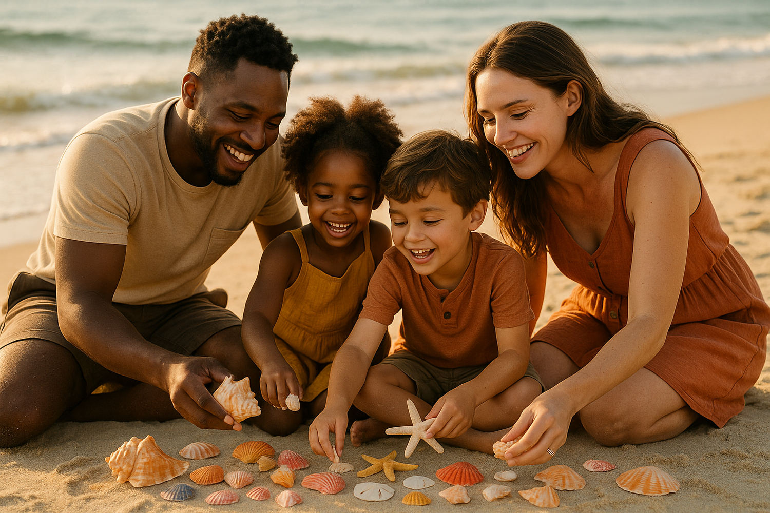 interracial family playing with sea shells