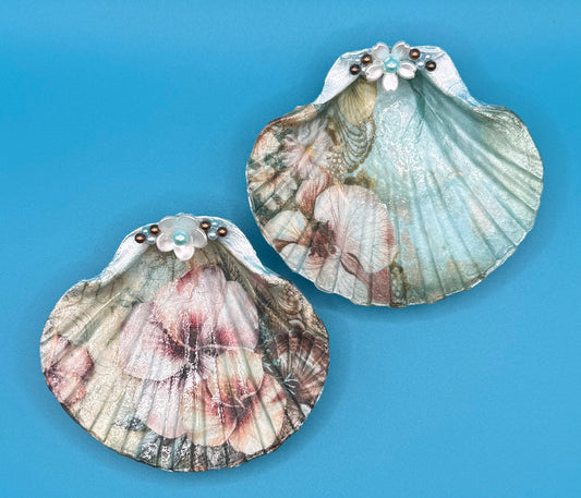 Decoupage Scallop Shell Treasure Holders - Set of 2