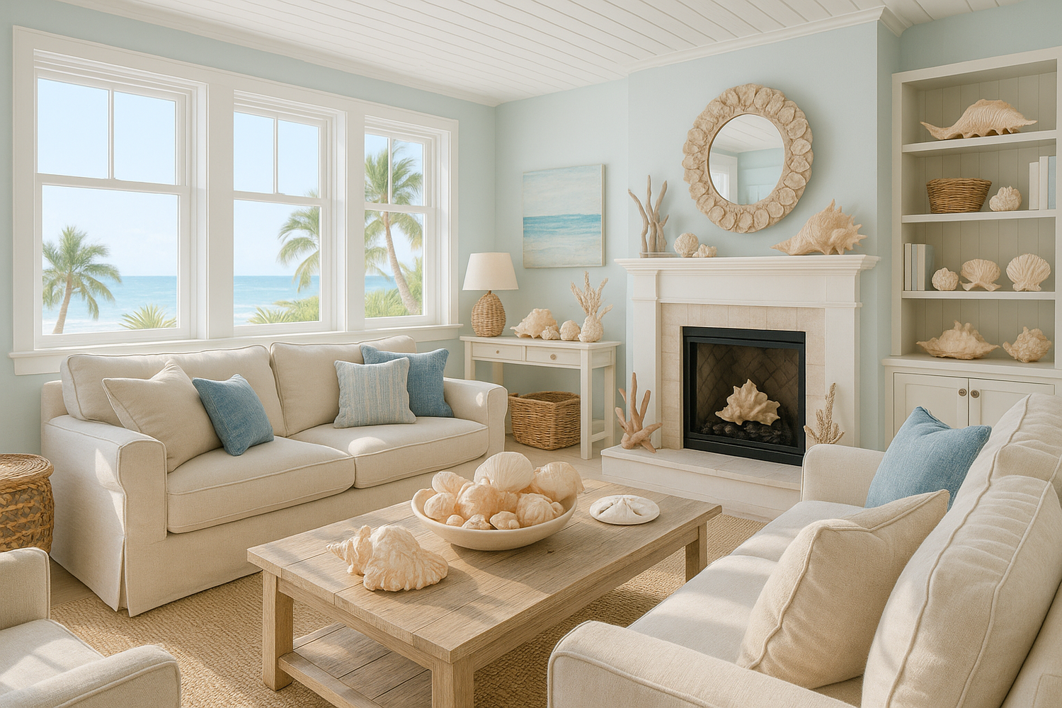 beach house living room decorated with seashells